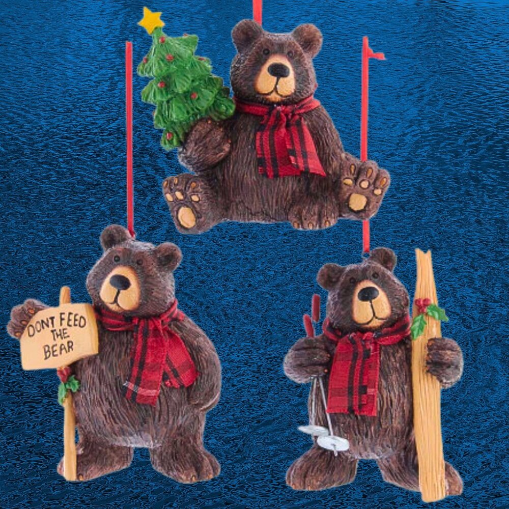 Rustic Lodge Bear Christmas Ornaments 3pc Plaid Woodland Mountain Cabin Decor